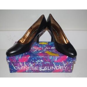 Chinese Laundry Yanni Black Kid Leather Almond Toe Stiletto Pumps Heels 7.5 M